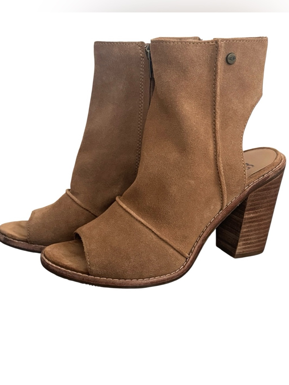 UGG Valencia Peep Toe Booties Chestnut Suede Block Heel Ankle Boots Size 7.5